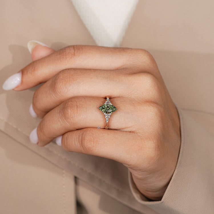 Art deco engagement ring with milgrain details and tapered shank.
