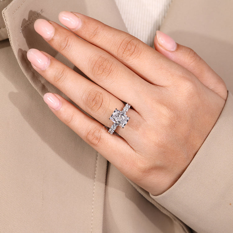 Lab grown radiant diamond ring with micro pave band.