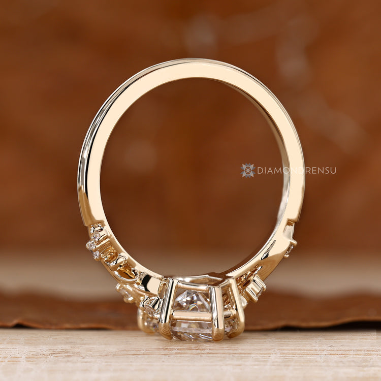 Handmade lab grown diamond ring with leafy filigree.