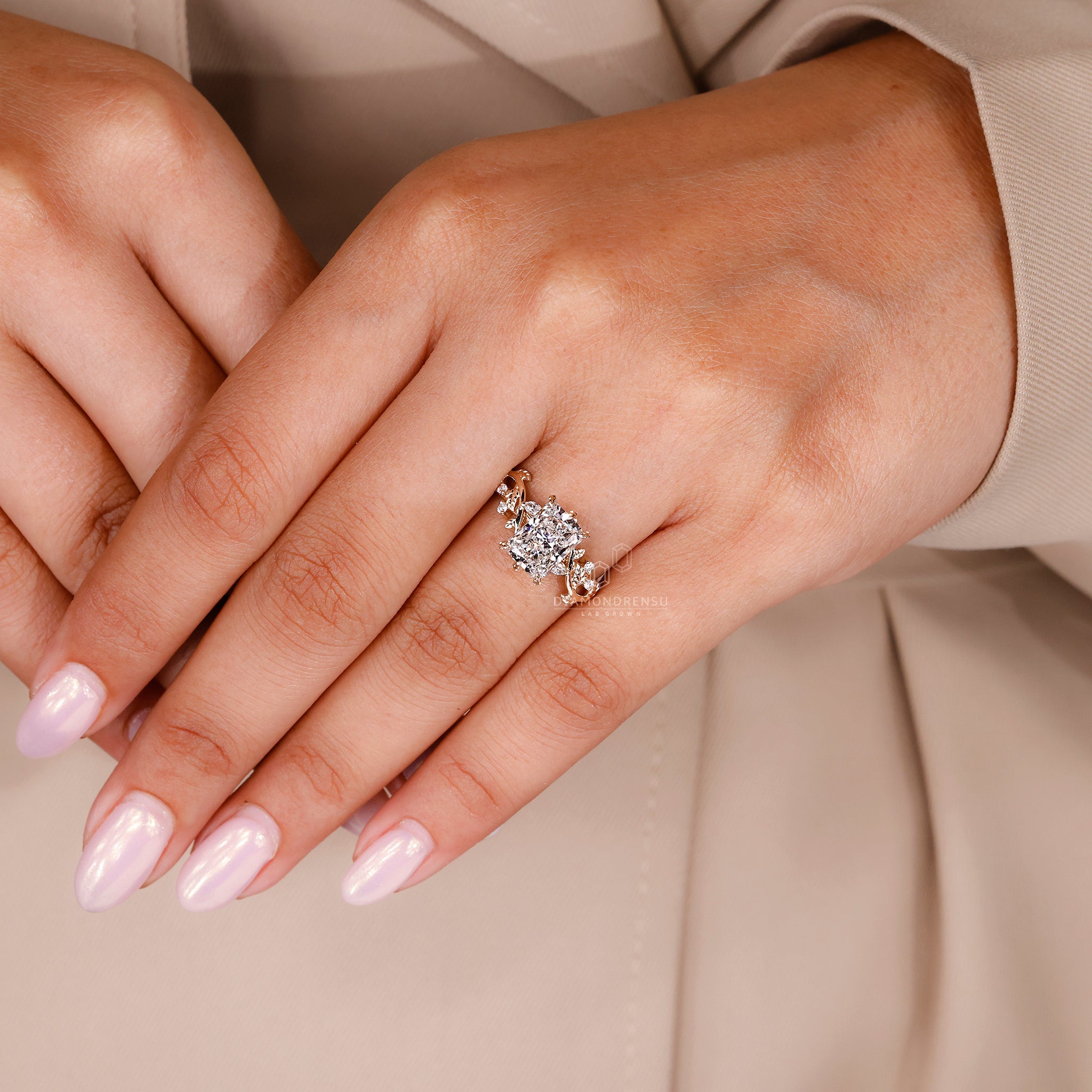 Lab grown radiant diamond ring with floral prong design