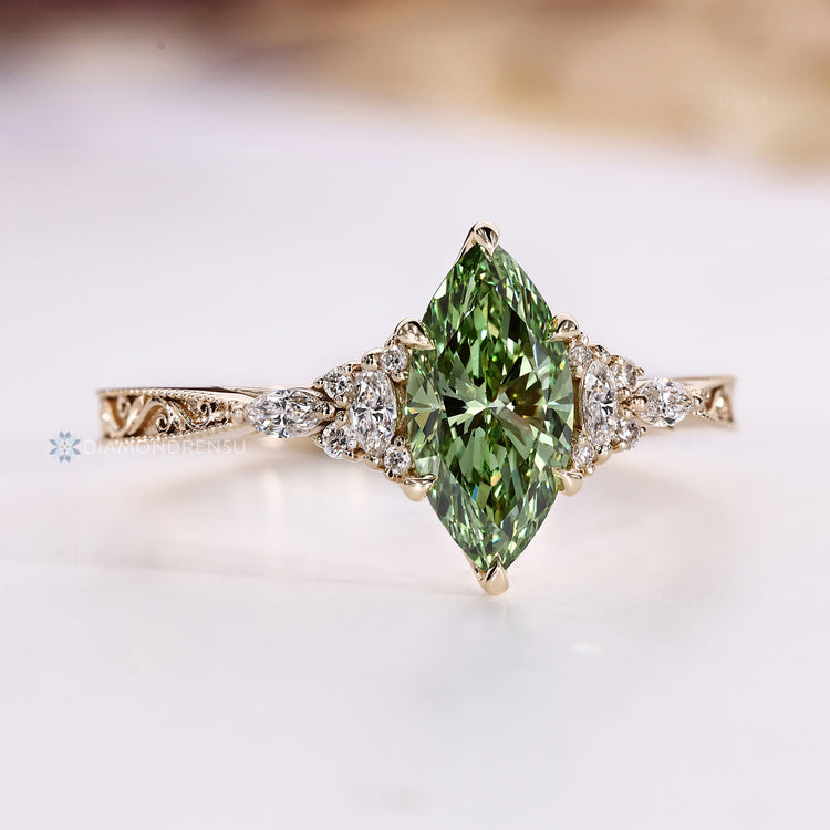 Lab grown diamond ring with art deco style details.