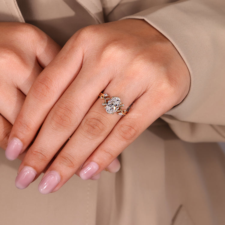 Lab grown diamond ring with leaf and vine style.