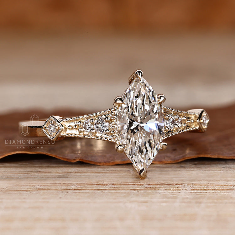 IGI certified marquise diamond ring with six claw prongs.