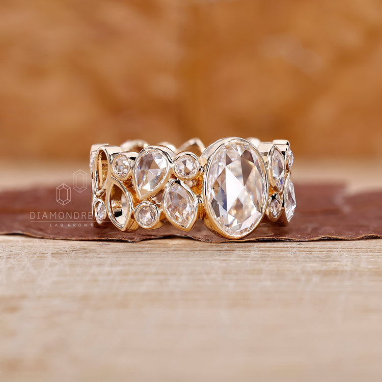 Lab grown diamond ring made using rose cut diamonds.