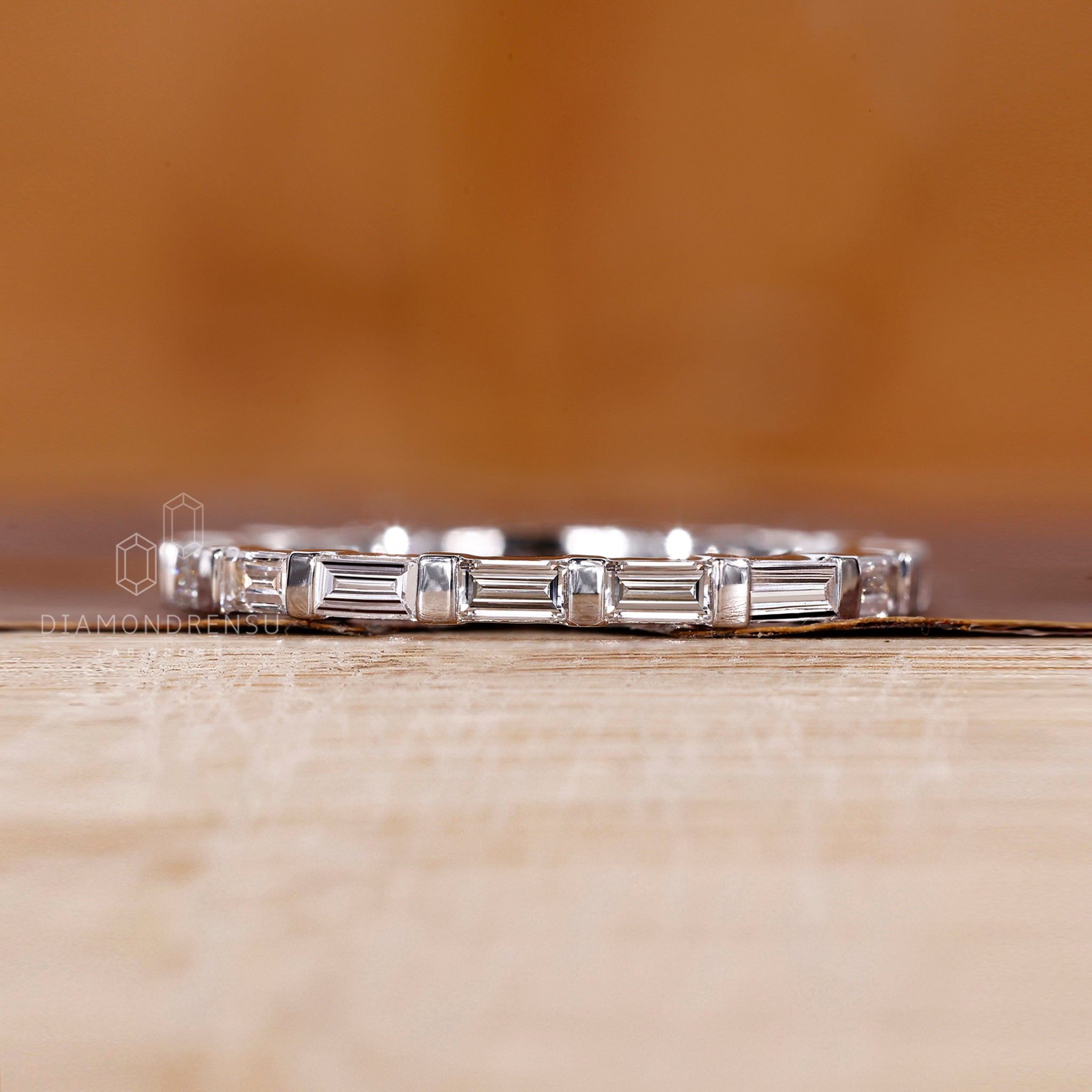 White gold diamond band made with lab grown baguette diamonds.