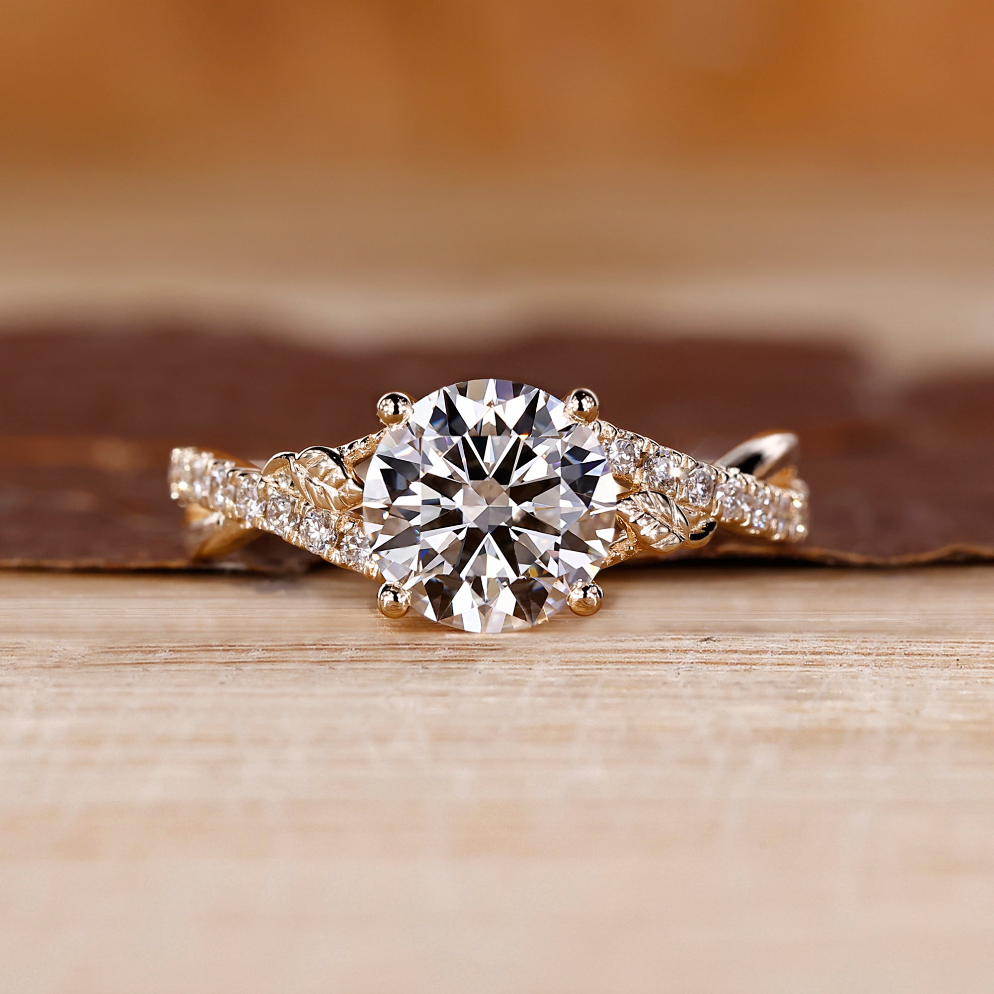 Nature inspired engagement ring with twisted pave band.