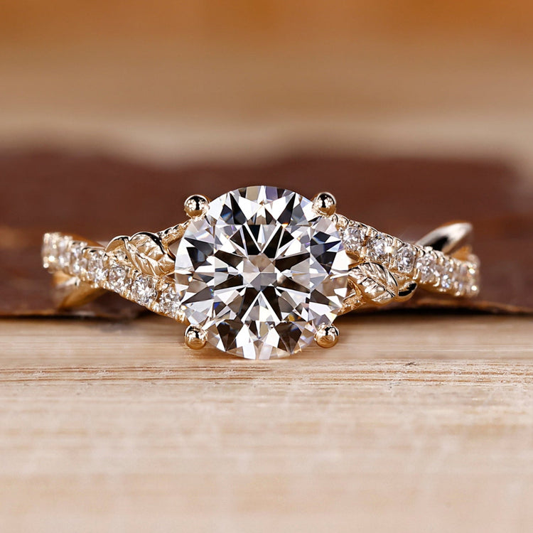 Nature inspired engagement ring with twisted pave band.