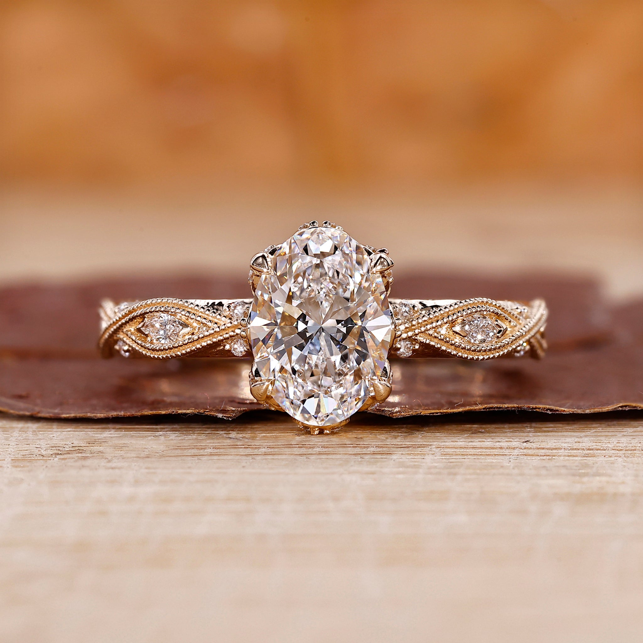 Oval cut diamond ring crafted in yellow gold ring.