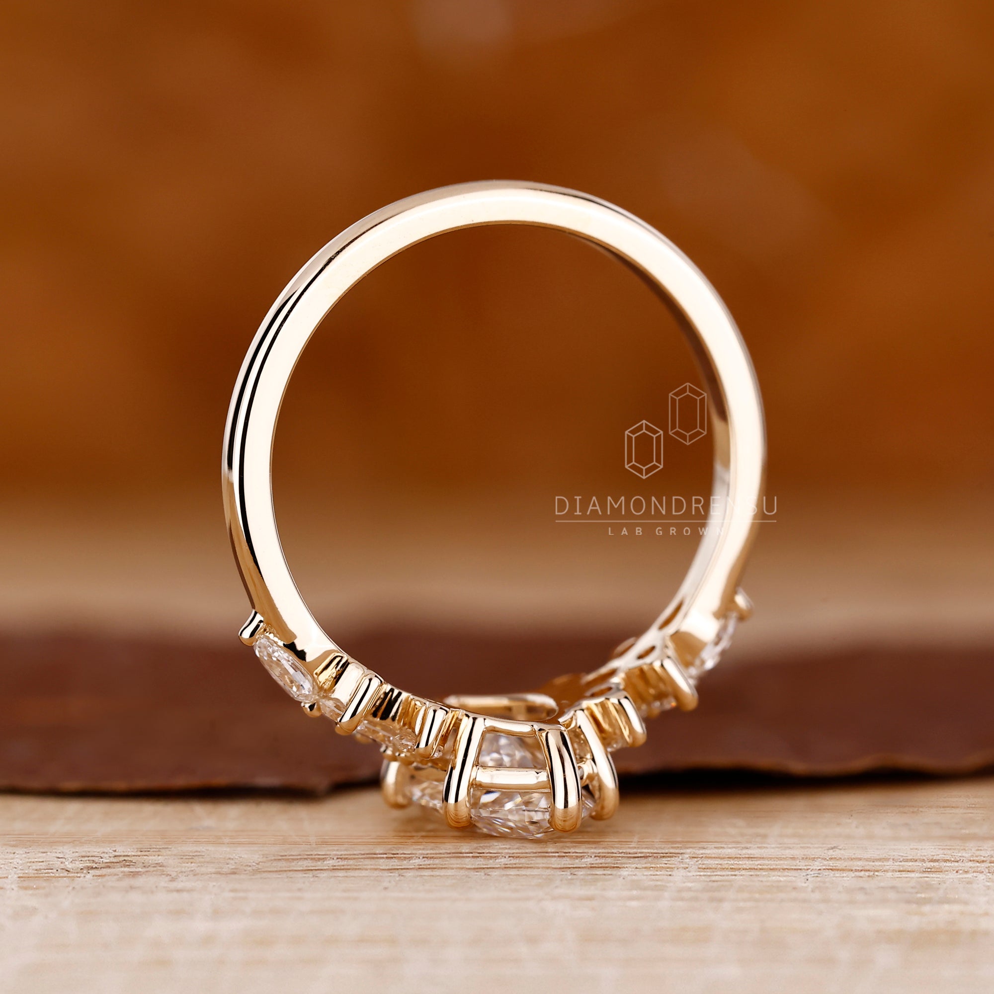 Custom engagement ring with cluster arrangement.