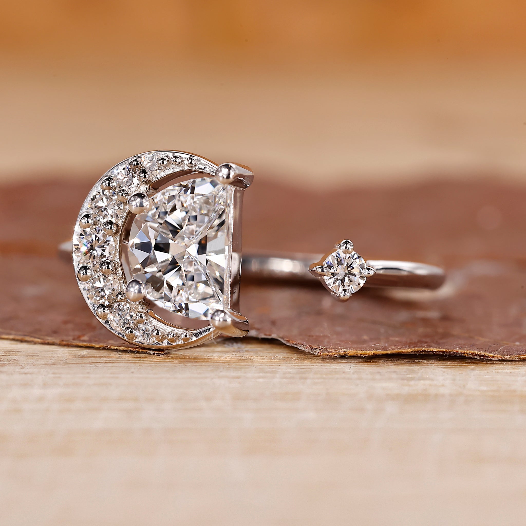 Half moon diamond ring with open gap design