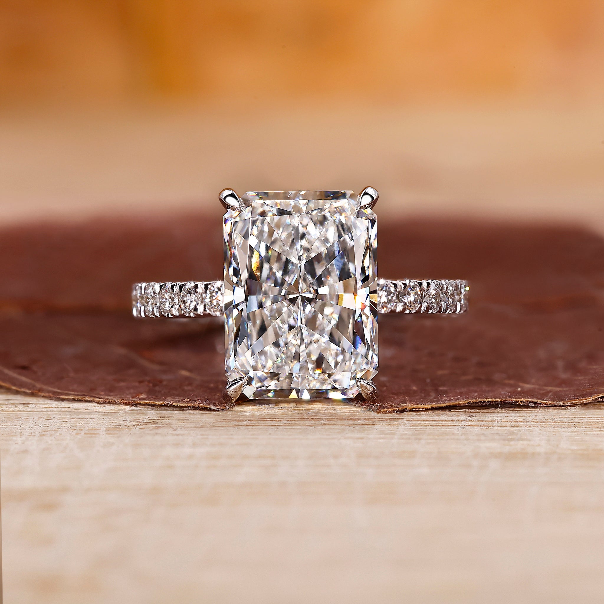 Radiant engagement ring made with lab grown diamond.