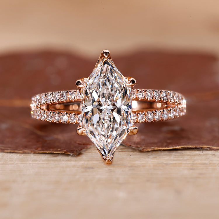 Dutch Marquise diamond ring made with rose gold metal.