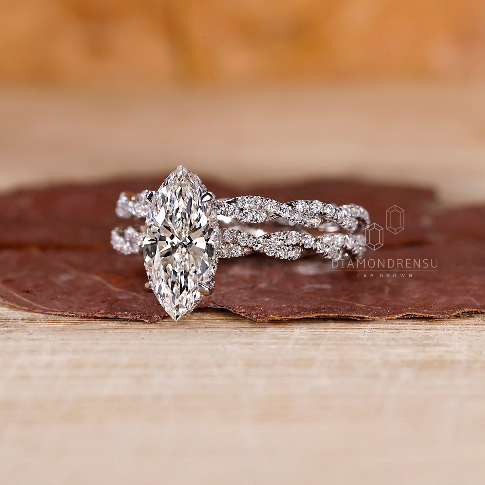 Eternity wedding band paired with twisted pave engagement ring.