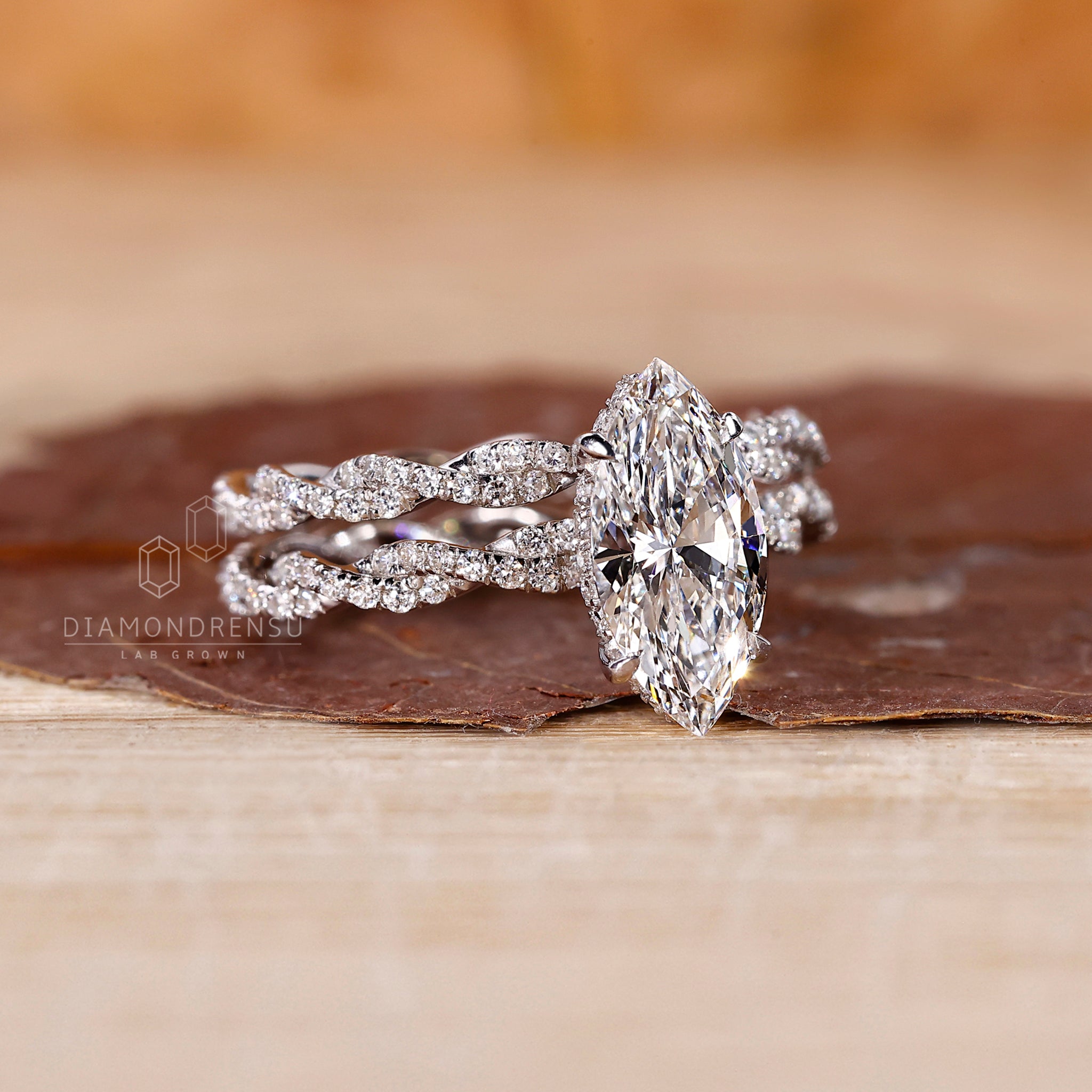 Handmade jewellery set from Diamondrensu UK with marquise diamond ring.