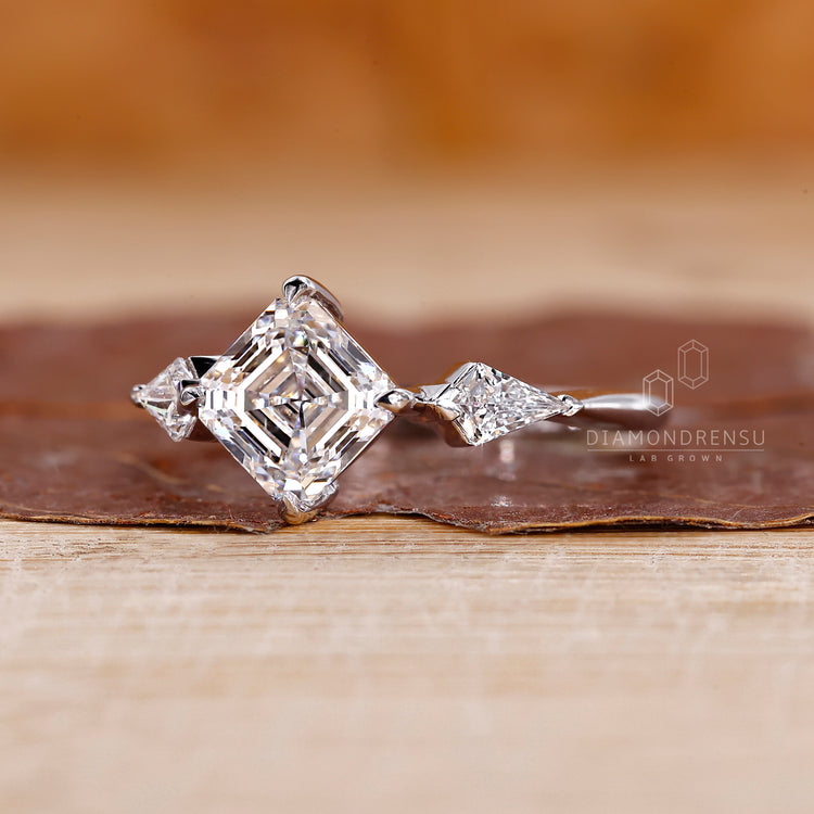 Tapered Shank Three Stone Asscher Cut Diamond Ring