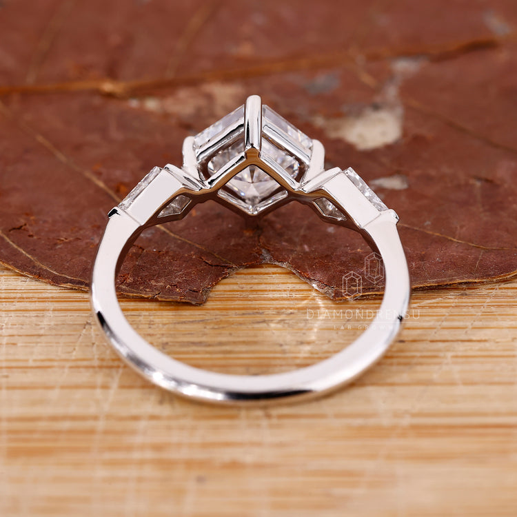 Tapered Shank Three Stone Asscher Cut Diamond Ring