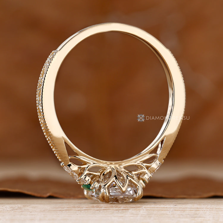 Cushion diamond ring with double claw prong setting.