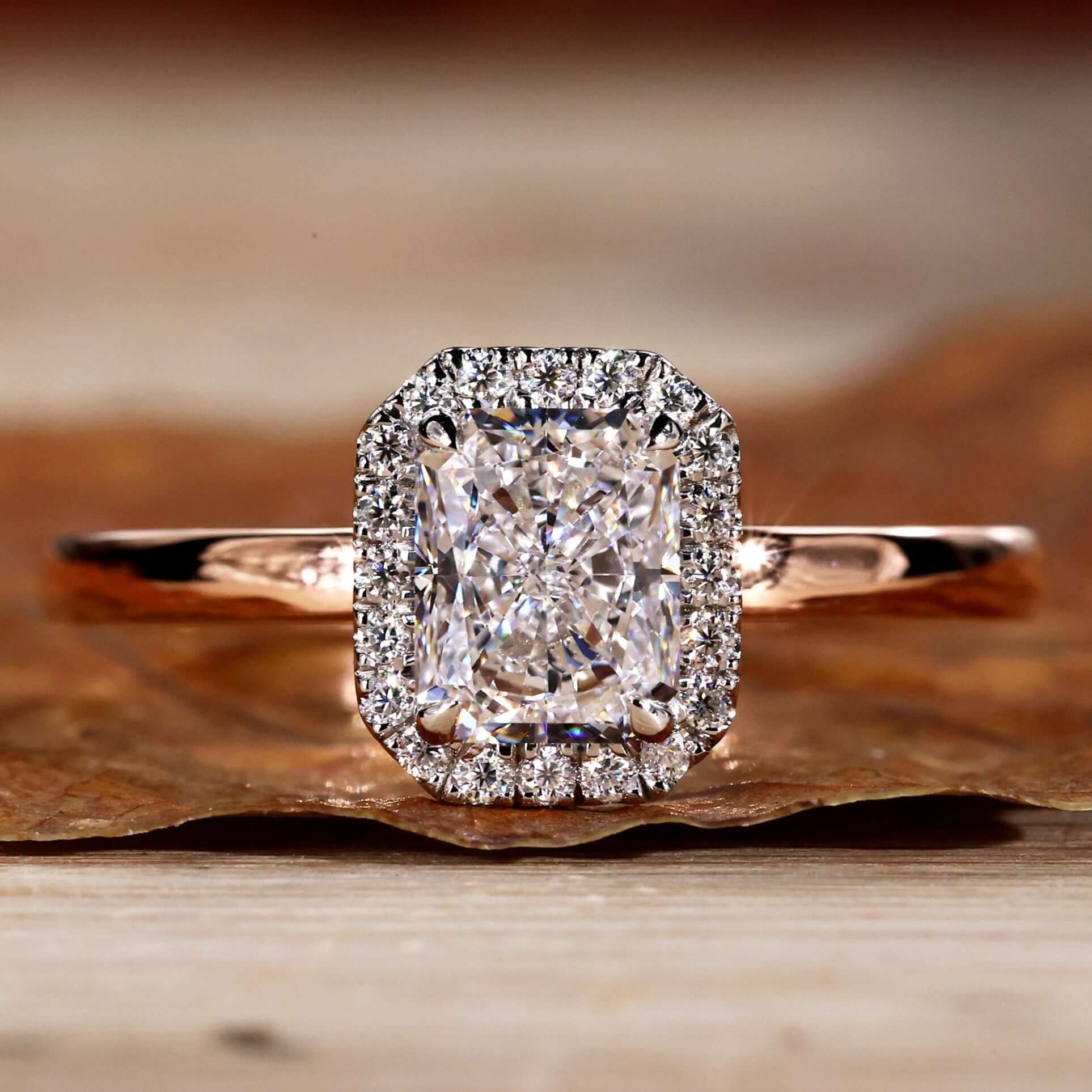Radiant Cut Engagement Ring with halo ring setting and Lab Grown Diamond for a timeless and elegant design.