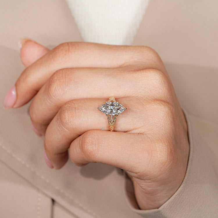IGI certified marquise diamond ring with split shank.