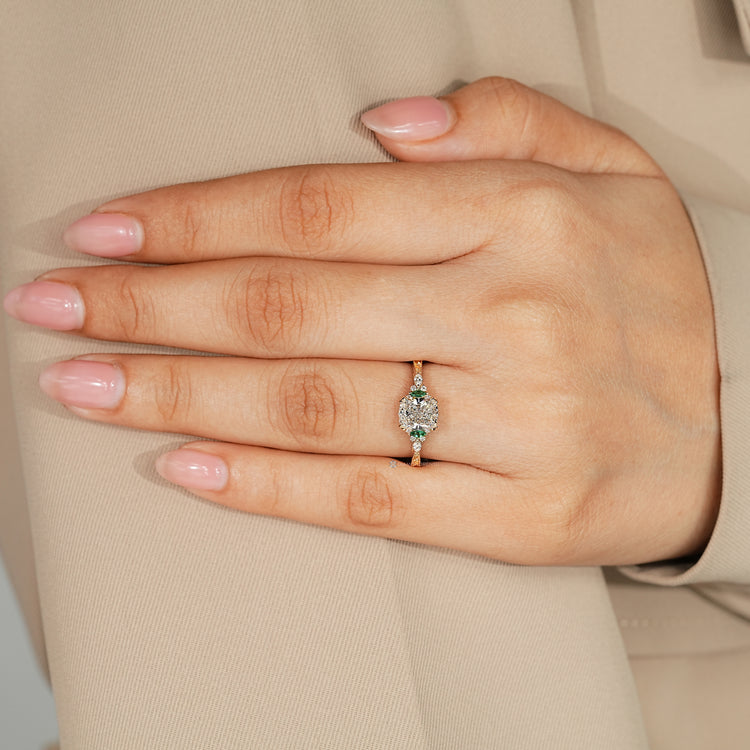 Lab grown cushion diamond ring with engraved shank.