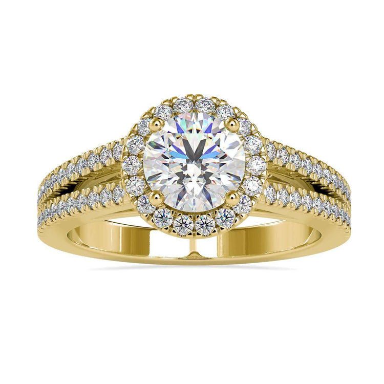 Diamond halo ring with lab grown round cut diamond.