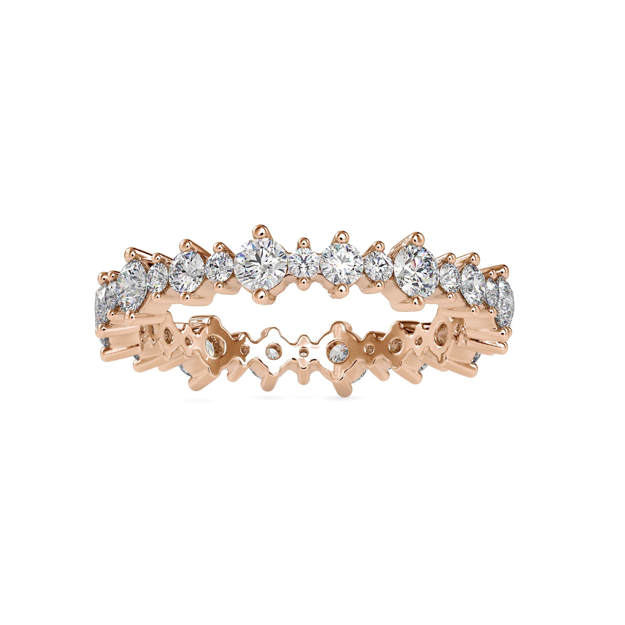 Prong set diamond eternity band in white gold.