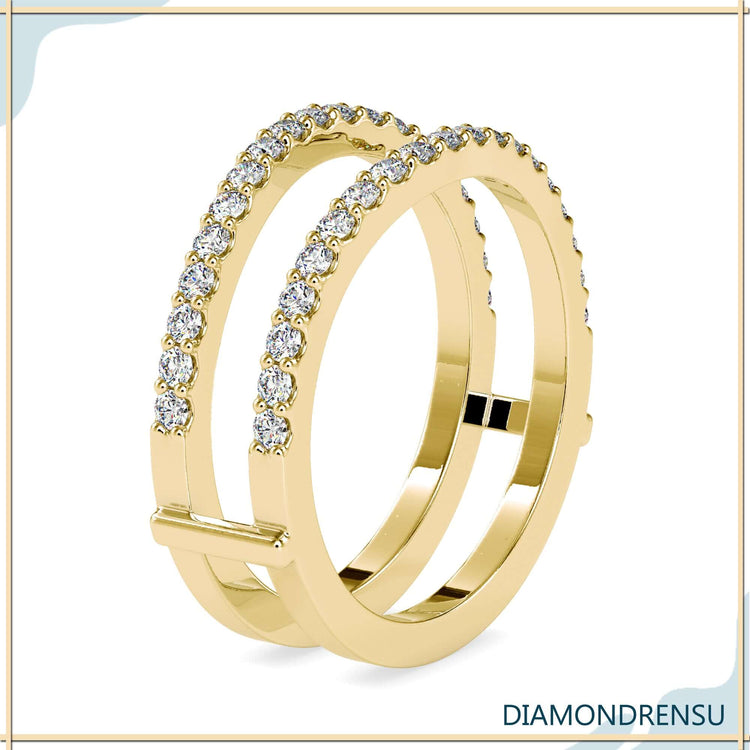 Yellow gold enhancer band with curved half eternity fit.