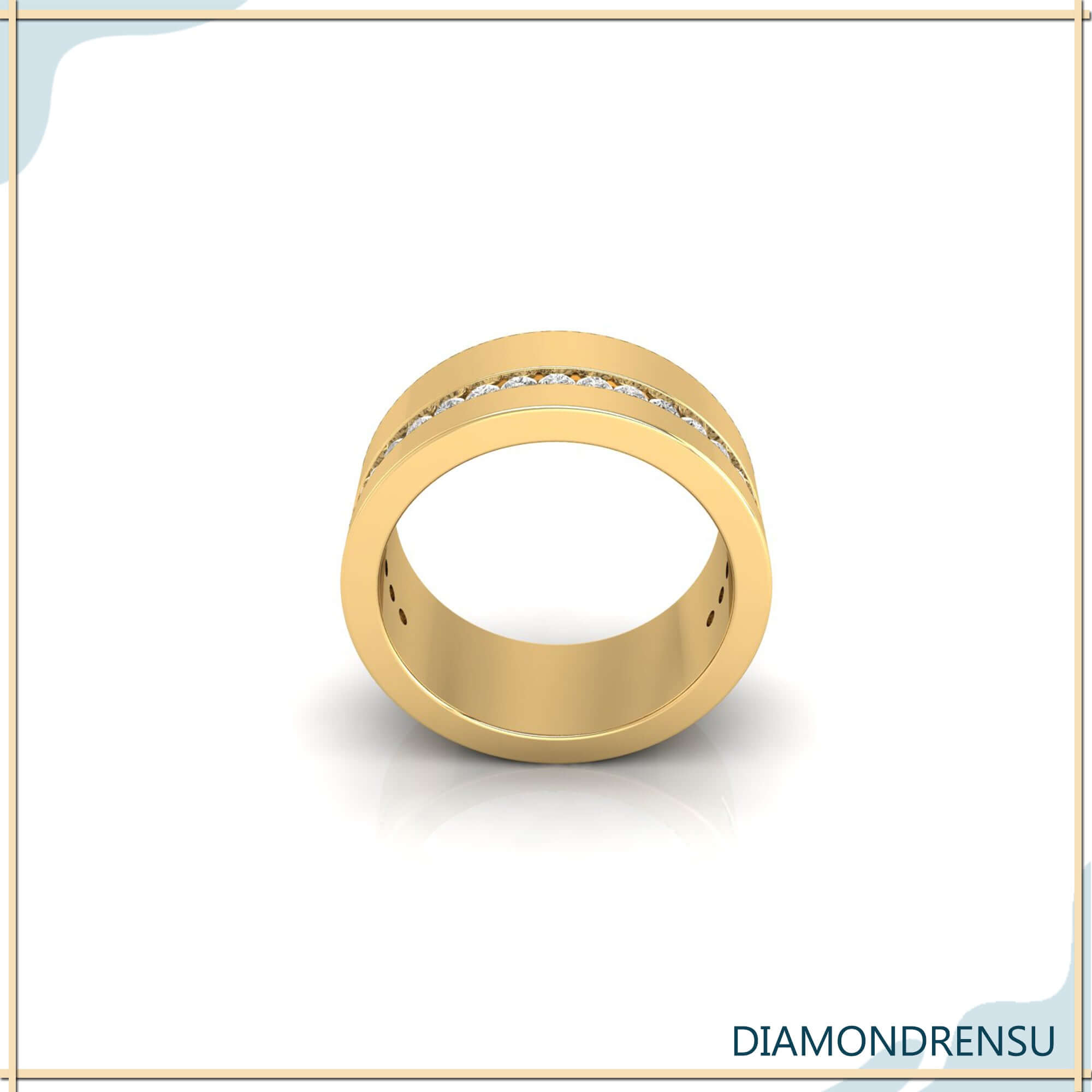 Round cut diamond wedding band in rose gold with wide diamond band.