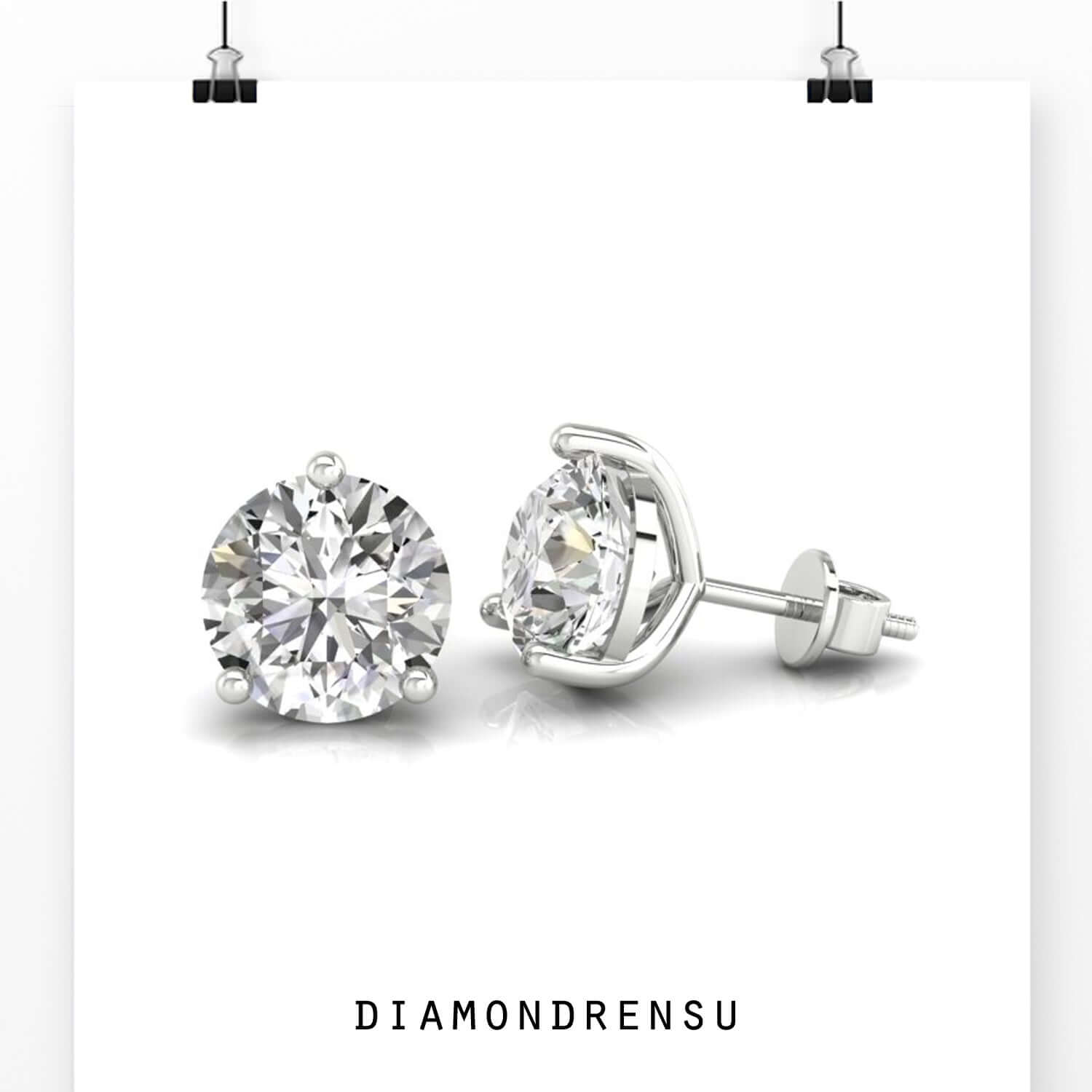 Elegant round diamond stud earrings with gold 3 prong setting.