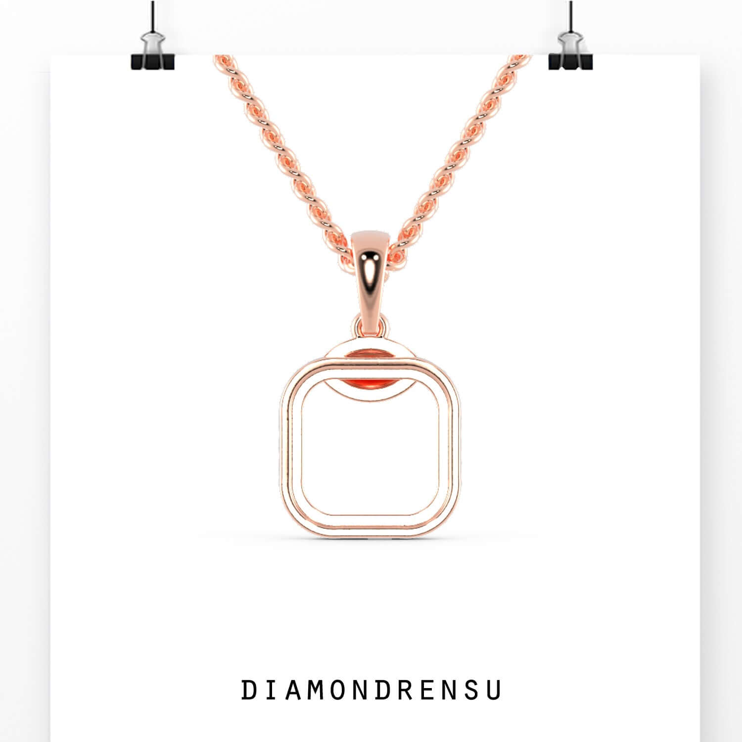 White gold round diamond pendant featuring a cushion outline design.