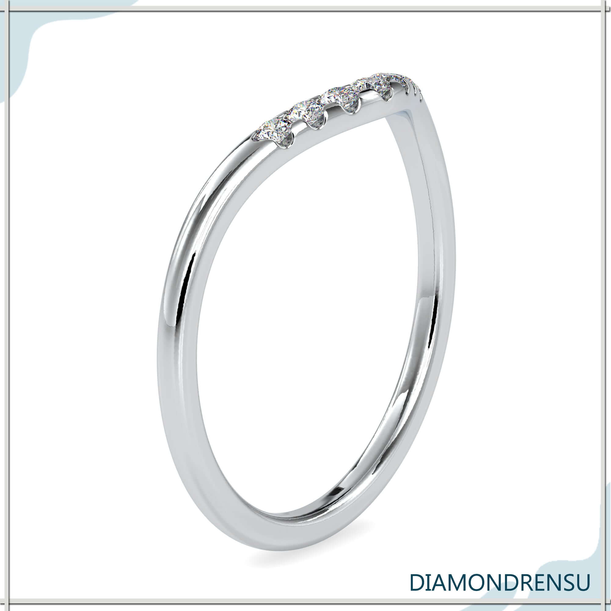 Round diamond curved band set in white gold.