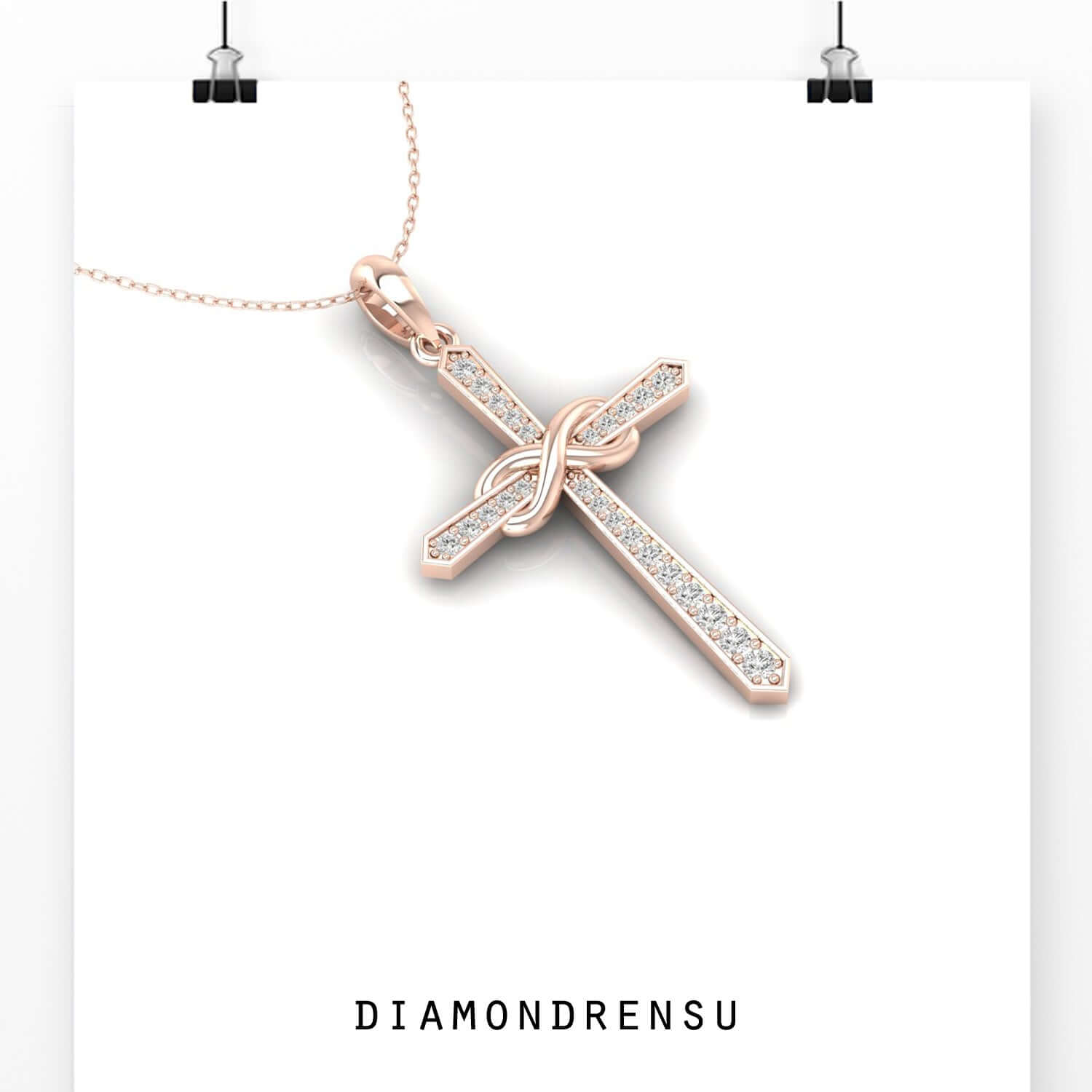 Designer diamond infinity pendant in rose and white gold.