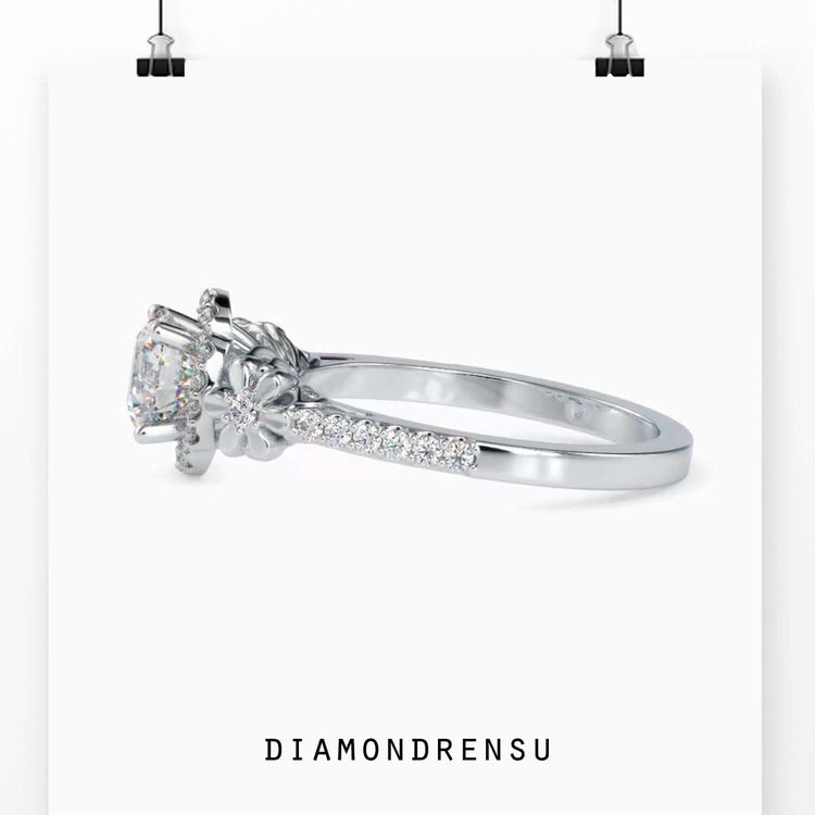 Diamondrensu UK engagement ring with custom flower diamond layout.