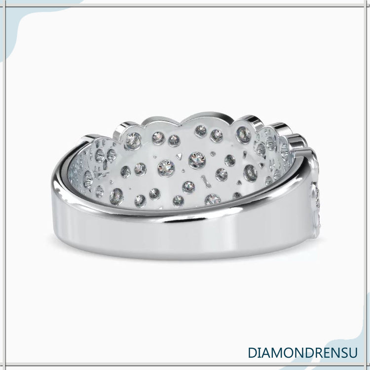 Wedding band UK design with unique diamond details.
