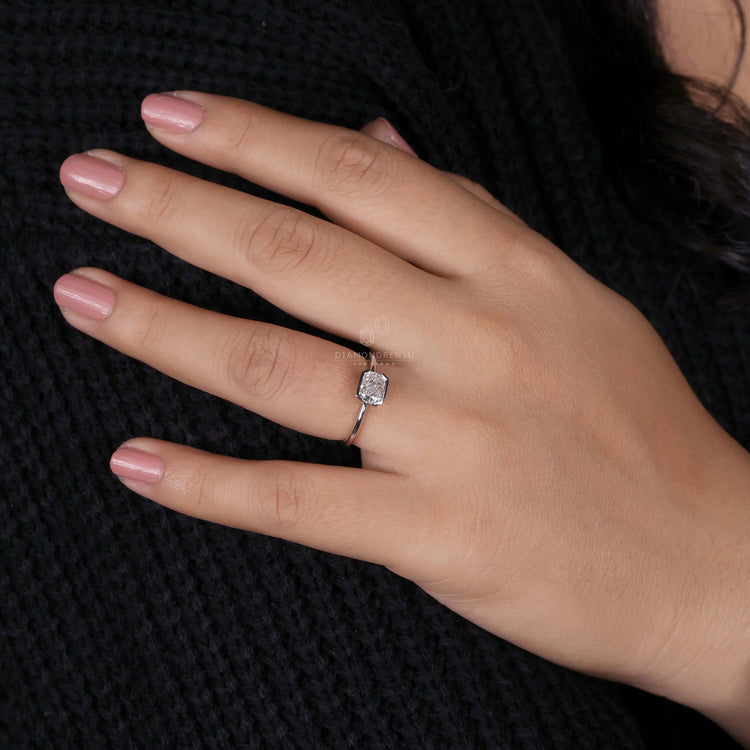 Solitaire ring with a half bezel setting, perfect as a lab grown diamond engagement ring for women.