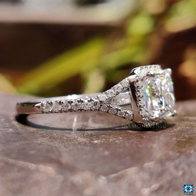 Moissanite ring with split shank design.