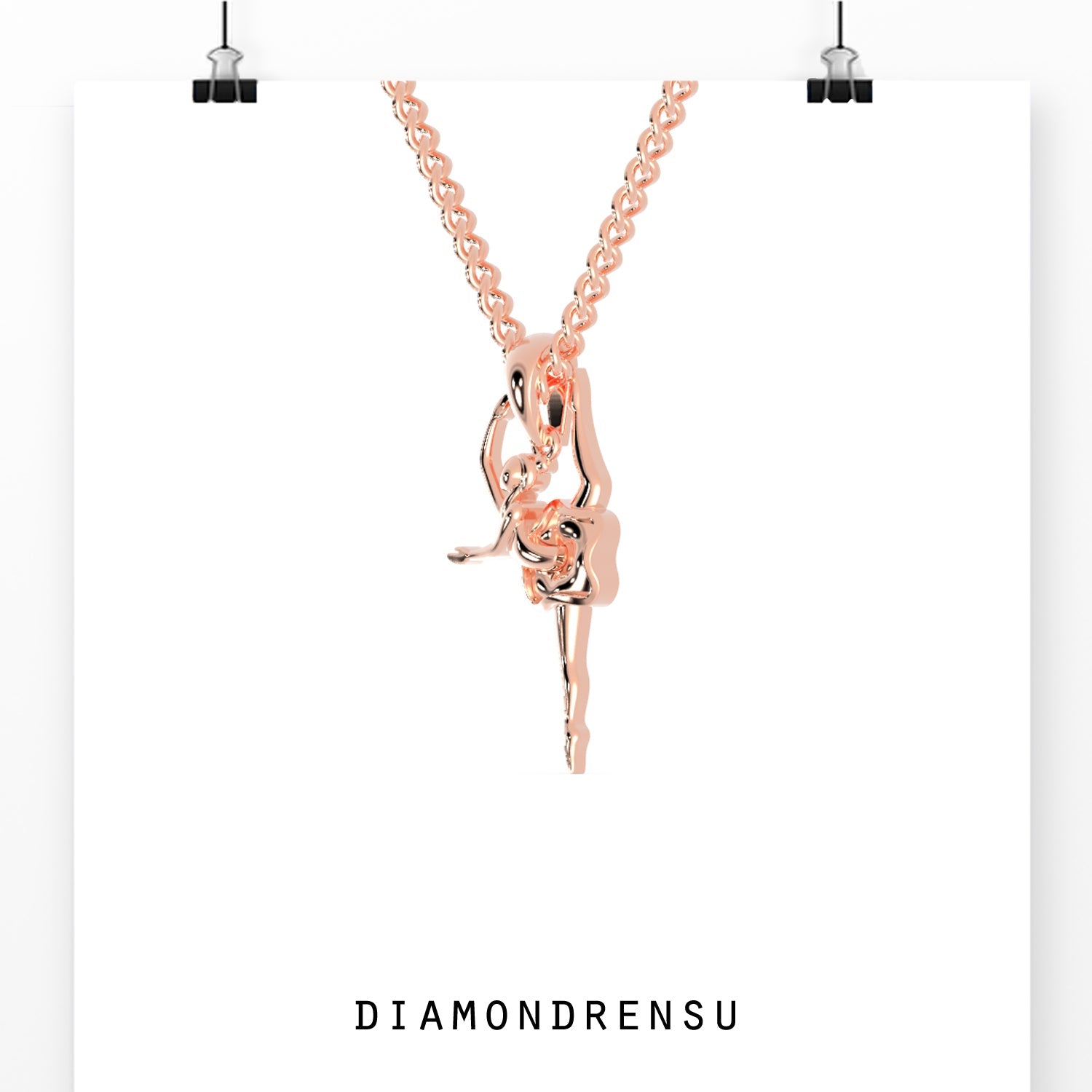 Rose gold pendant with dancing angel silhouette.