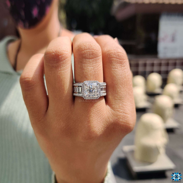Buy moissanite ring with detailed pave and halo setting.
