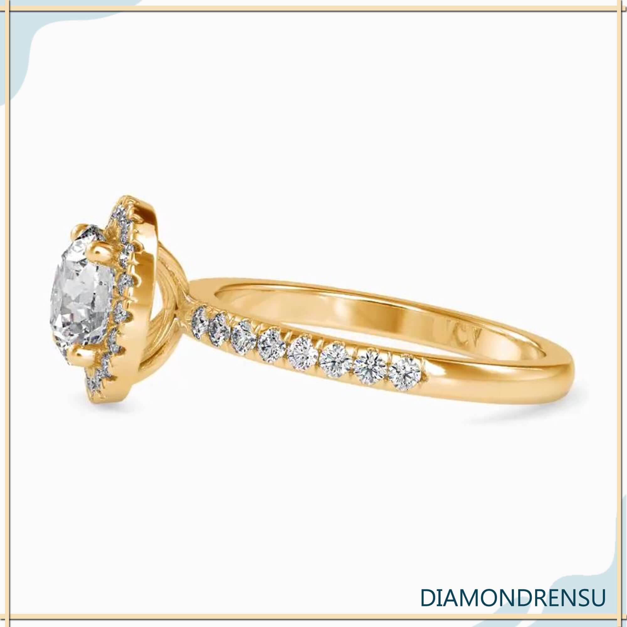 Yellow engagement ring featuring a lab grown diamond.