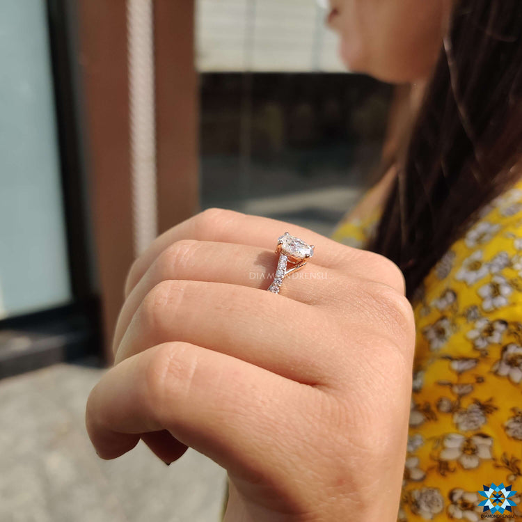 Pave round cut band on rose gold ring.