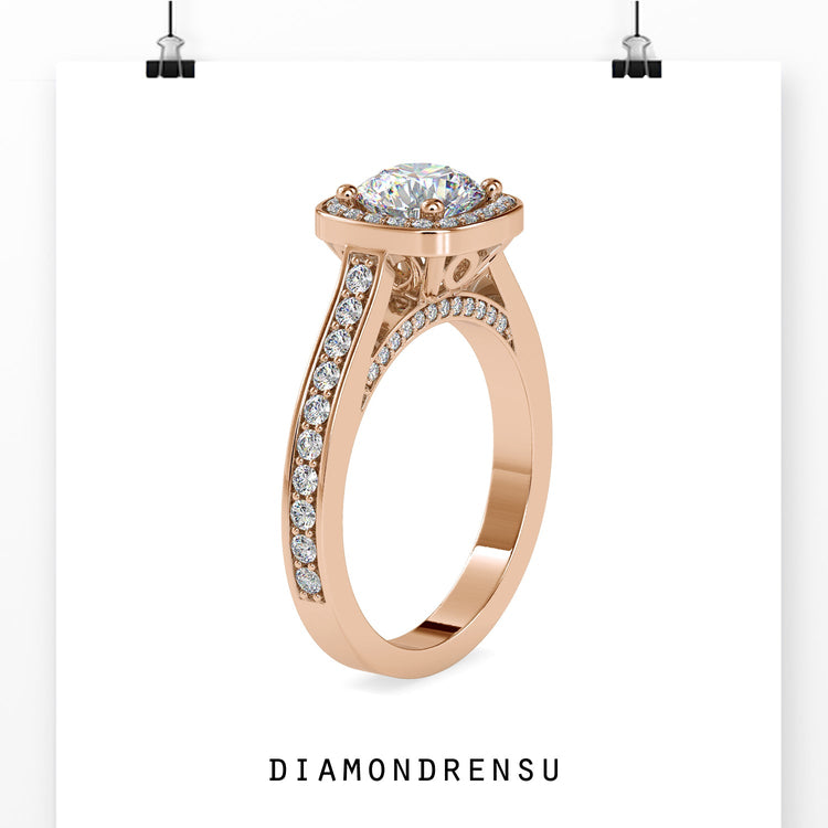Simple diamond ring with pave band and round centre.