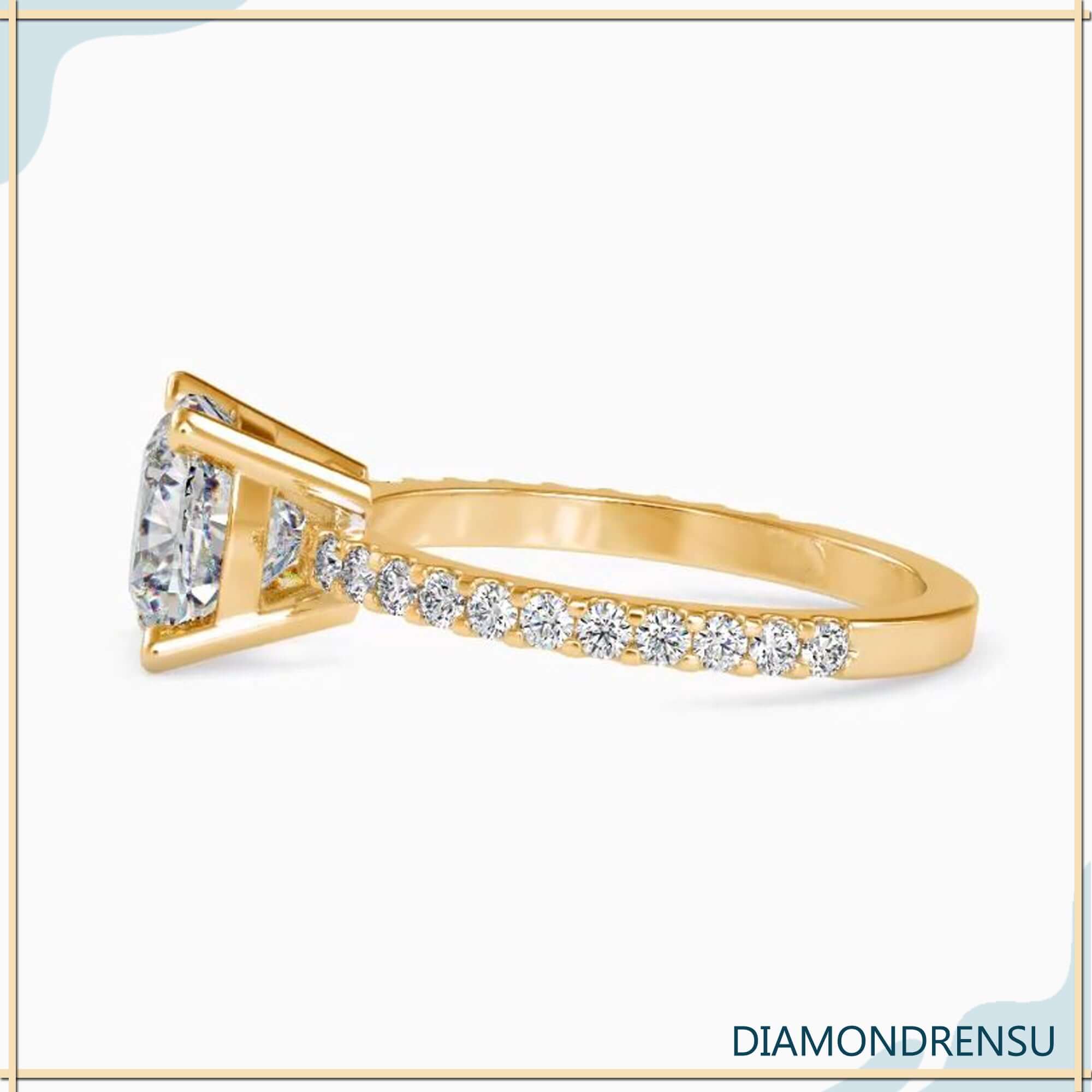 White gold ring featuring 4 prong cushion cut diamond.