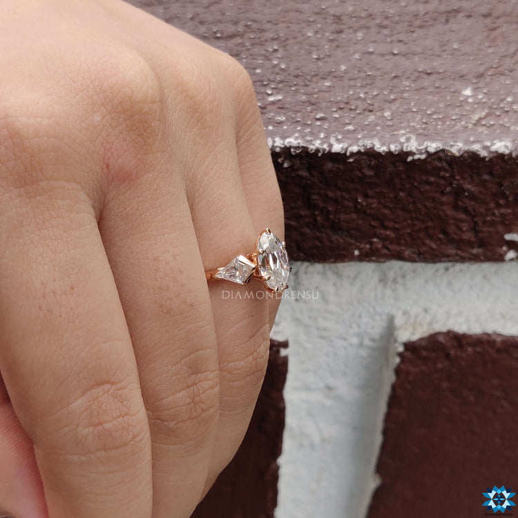 Diamondrensu UK moissanite ring with unique cut stones.
