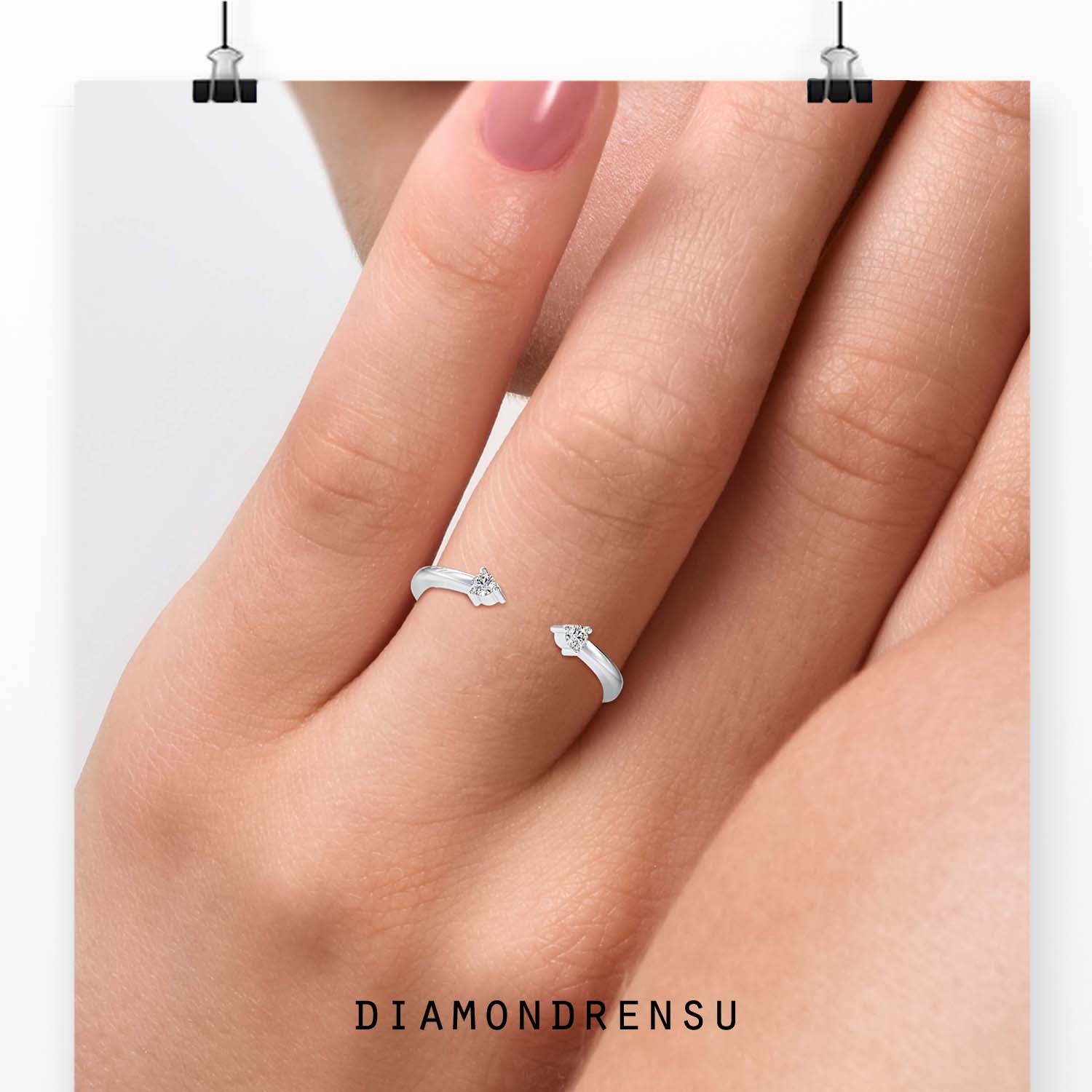 White gold open gap band with lab grown diamonds.