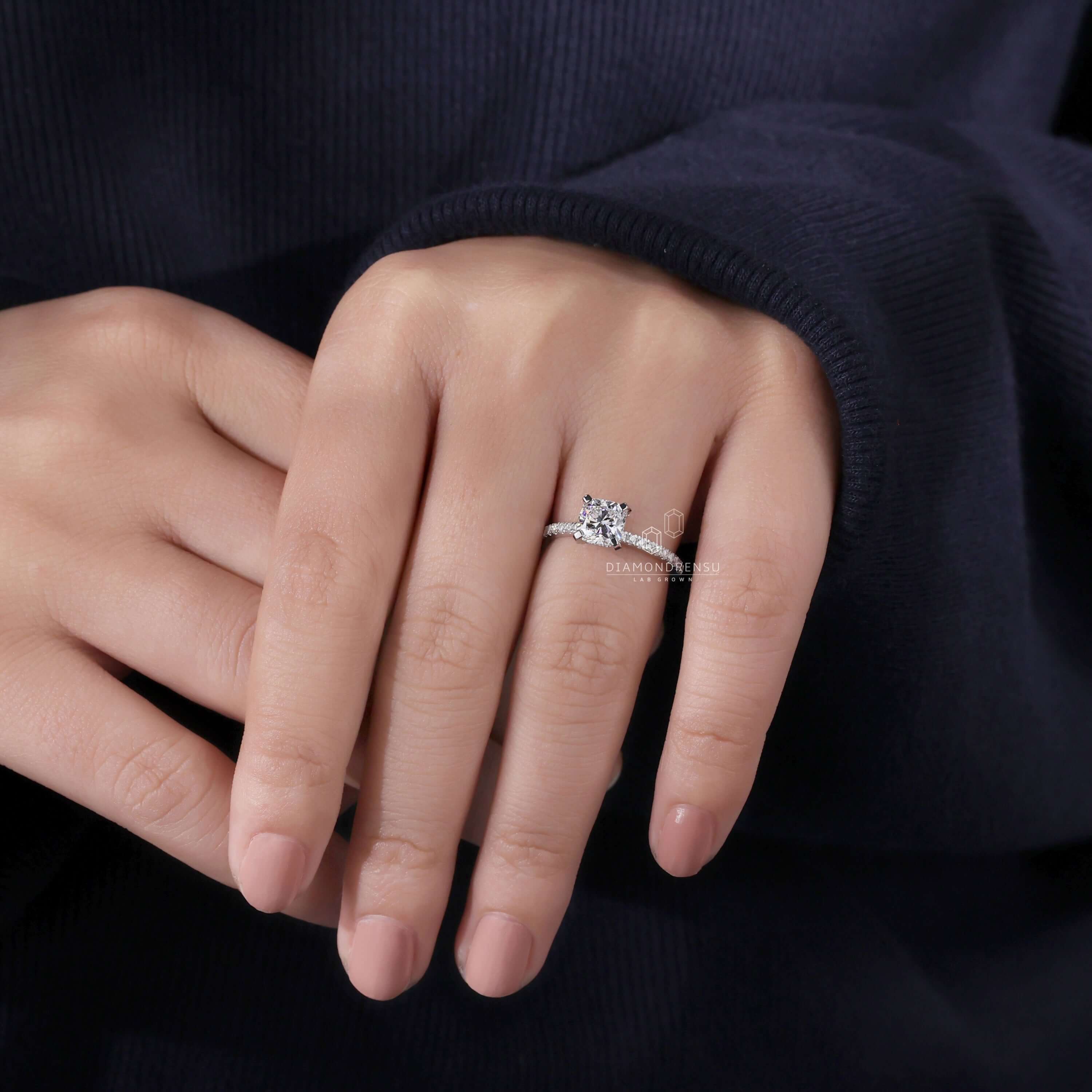 Cushion cut diamond ring crafted with lab-grown diamond, handmade with care.