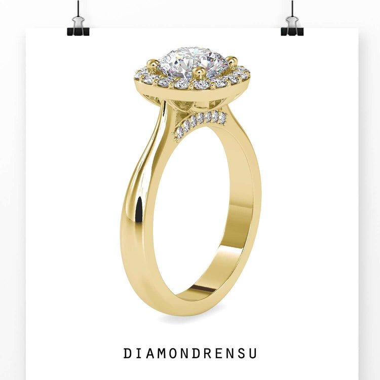 Halo diamond ring in white gold with custom bridge assent.