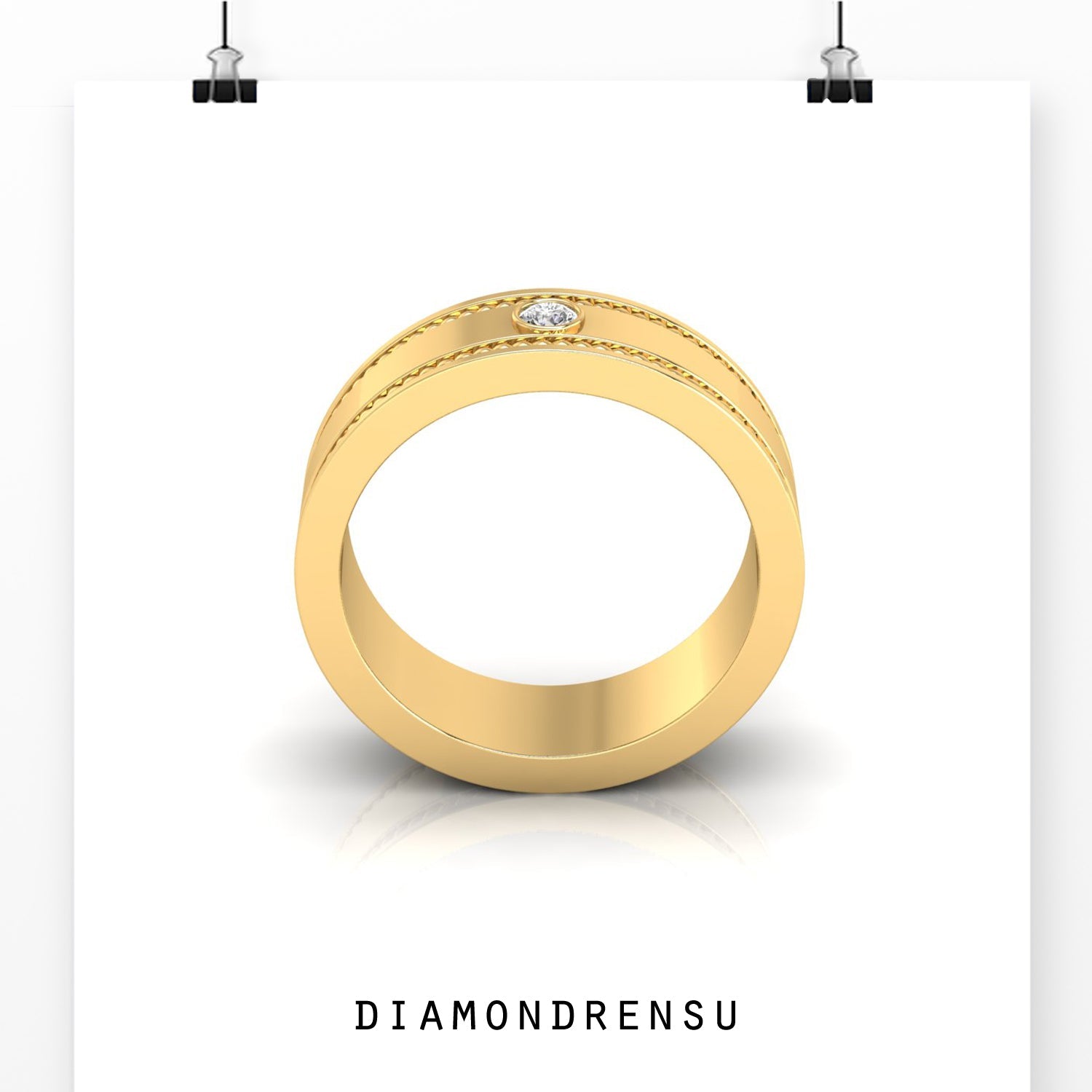 Gold men’s wedding ring UK with round diamond centrepiece.