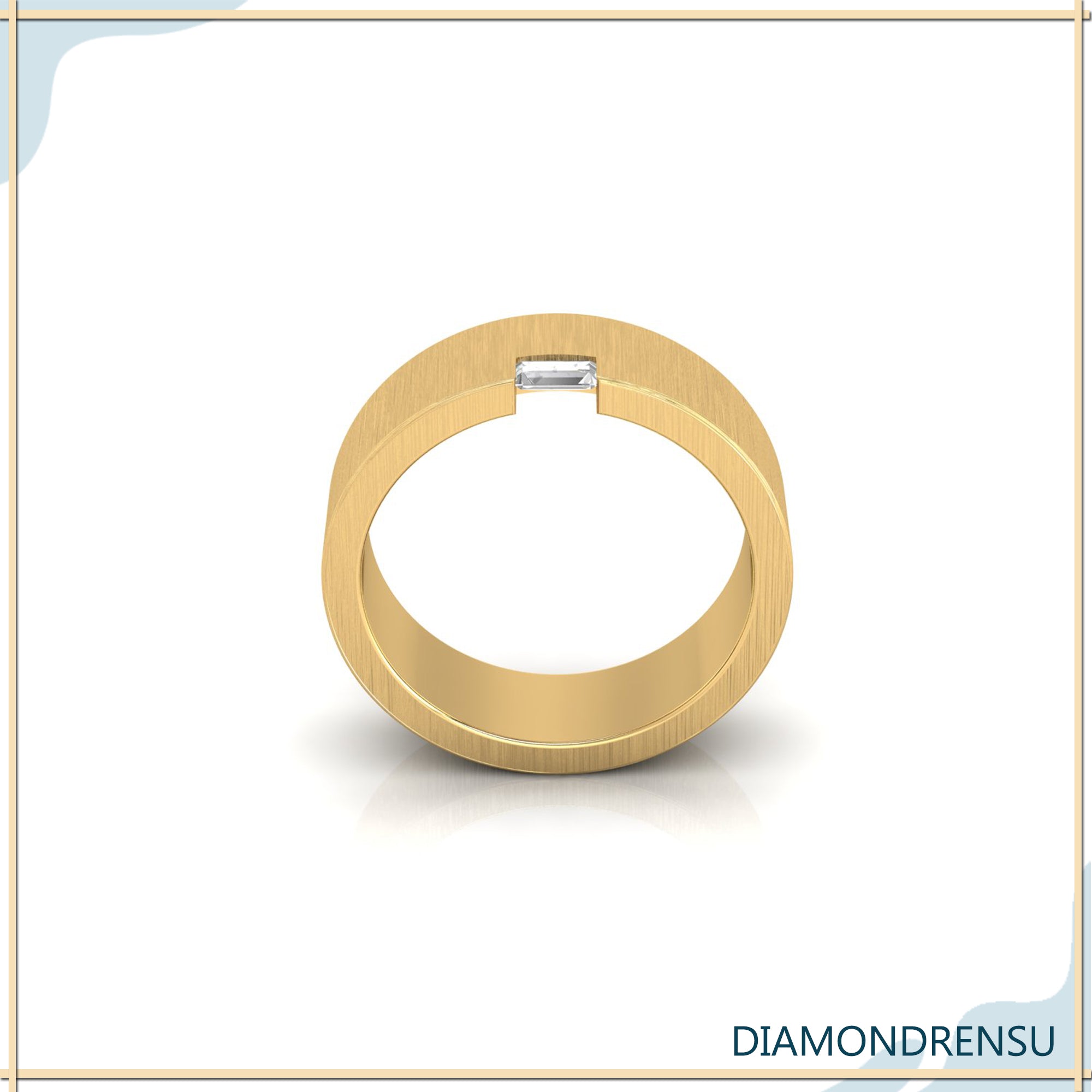 Brushed finish wedding band featuring baguette cut diamond centre.