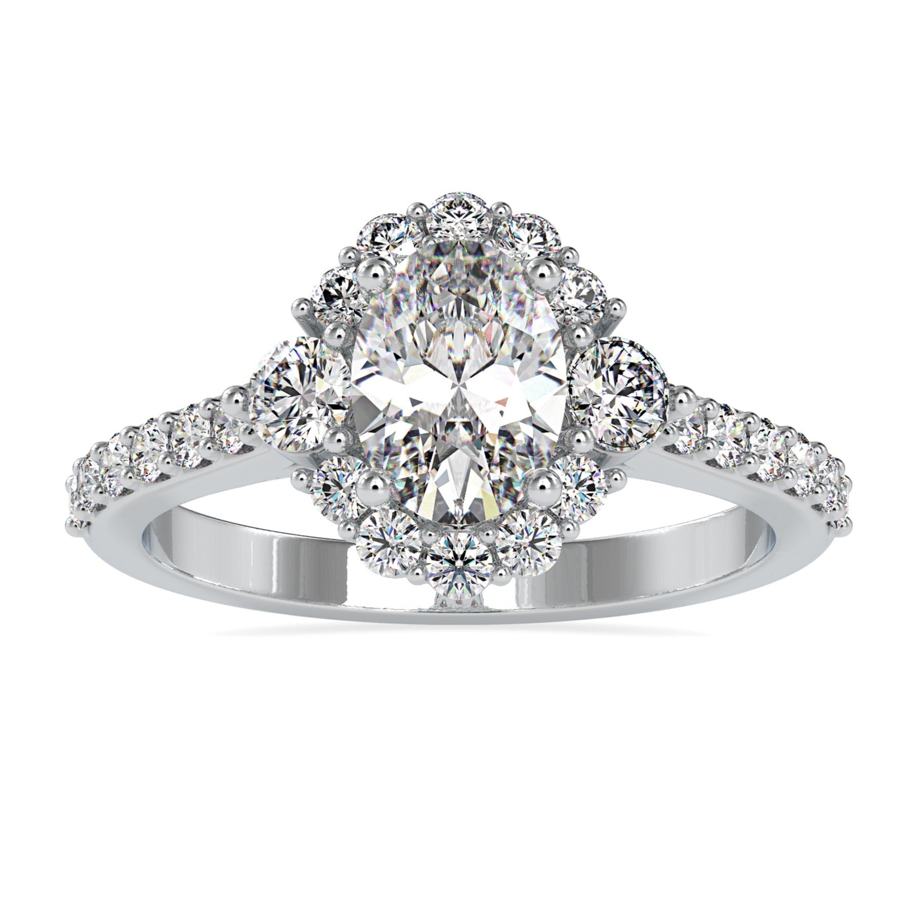 Gold oval diamond engagement ring with cluster halo setting.