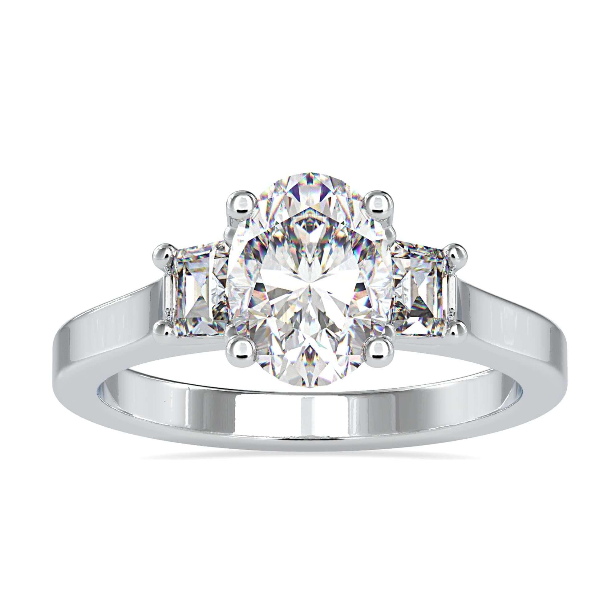Three stone ring with oval centre diamond and trapezium sides.